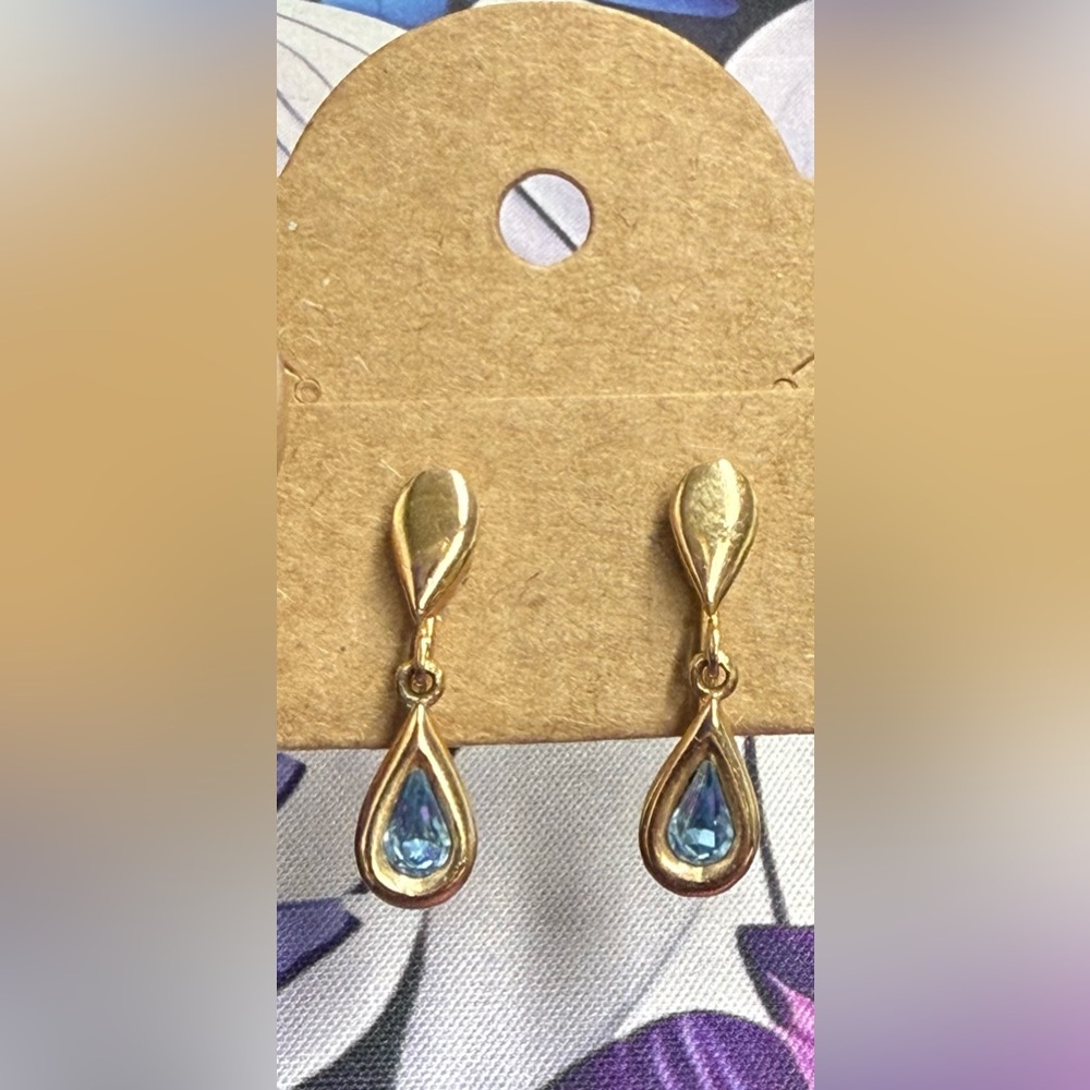 Avon Gold and Blue Teardrop Earrings